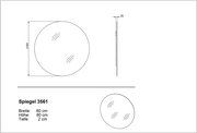 Technische Zeichnung eines runden Wandspiegels „Spiegel 3561“ mit Ø 80 cm und 2 cm Tiefe, dargestellt in Frontansicht und Seitenansicht.