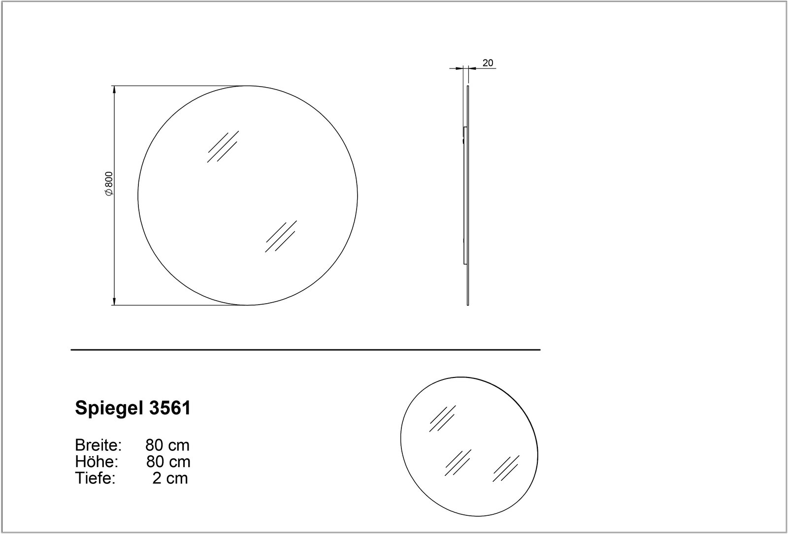 Technische Zeichnung eines runden Wandspiegels „Spiegel 3561“ mit Ø 80 cm und 2 cm Tiefe, dargestellt in Frontansicht und Seitenansicht.