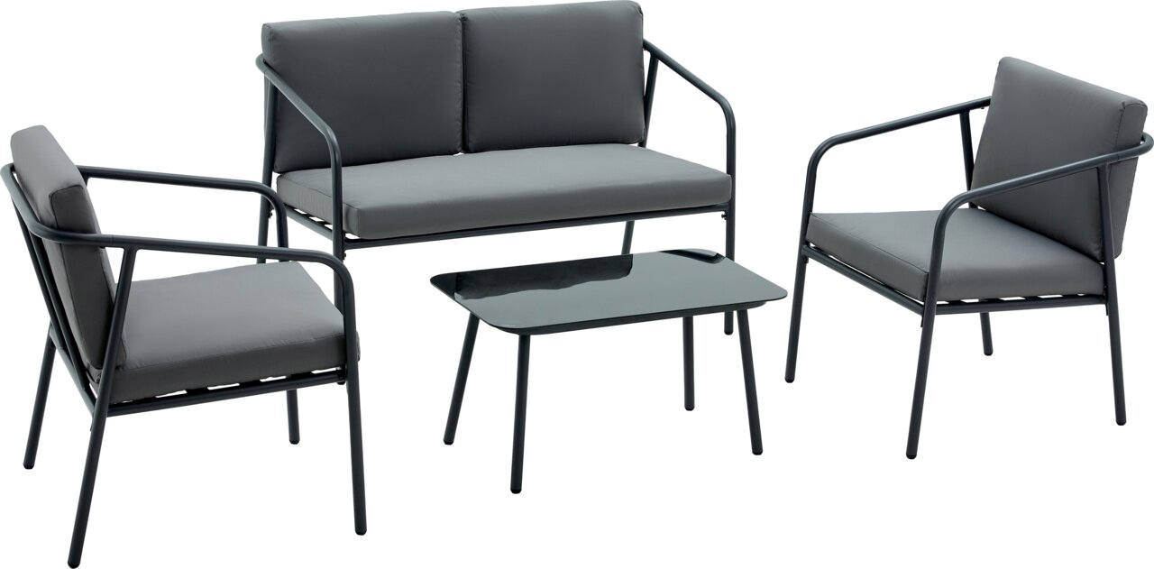 Gartenlounge-Set mit zwei Sesseln, einem Zweisitzer-Sofa und einem rechteckigen Tisch aus schwarzem Metall, seitliche Perspektive