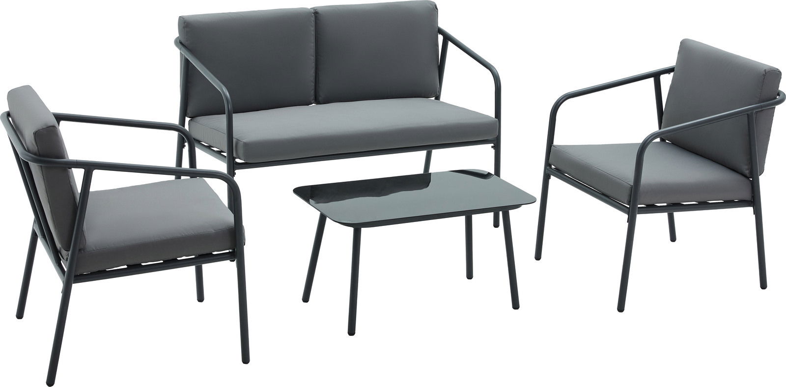 Gartenlounge-Set mit zwei Sesseln, einem Zweisitzer-Sofa und einem rechteckigen Tisch aus schwarzem Metall, seitliche Perspektive