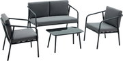 Gartenlounge-Set mit zwei Sesseln, einem Zweisitzer-Sofa und einem rechteckigen Tisch aus schwarzem Metall, seitliche Perspektive