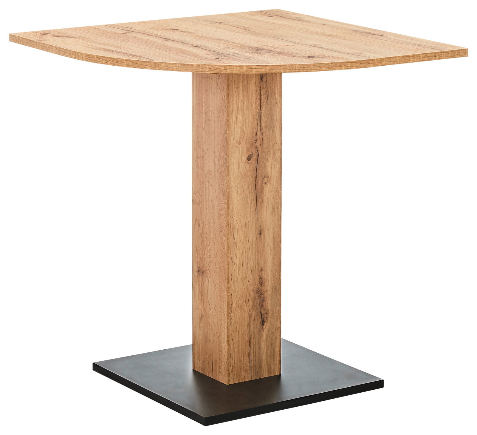 Holztisch mit quadratischer Tischplatte und zentralem Standfuß, seitliche Perspektive