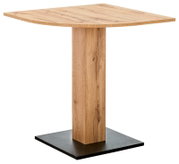Houten tafel met vierkant tafelblad en centrale poot, zijaanzicht