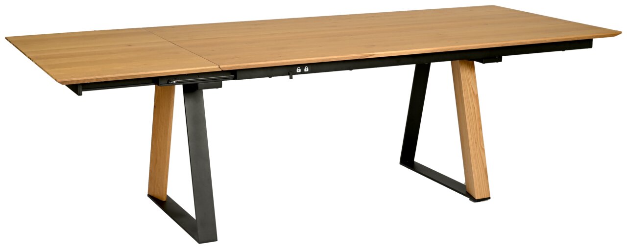 Moderne houten eettafel met metalen poten, zijaanzicht