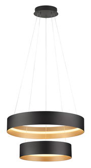 Moderne Pendelleuchte LOOP mit zwei übereinander angeordneten, schwarzen Ringen und warmweißer Beleuchtung, seitliche Perspektive.