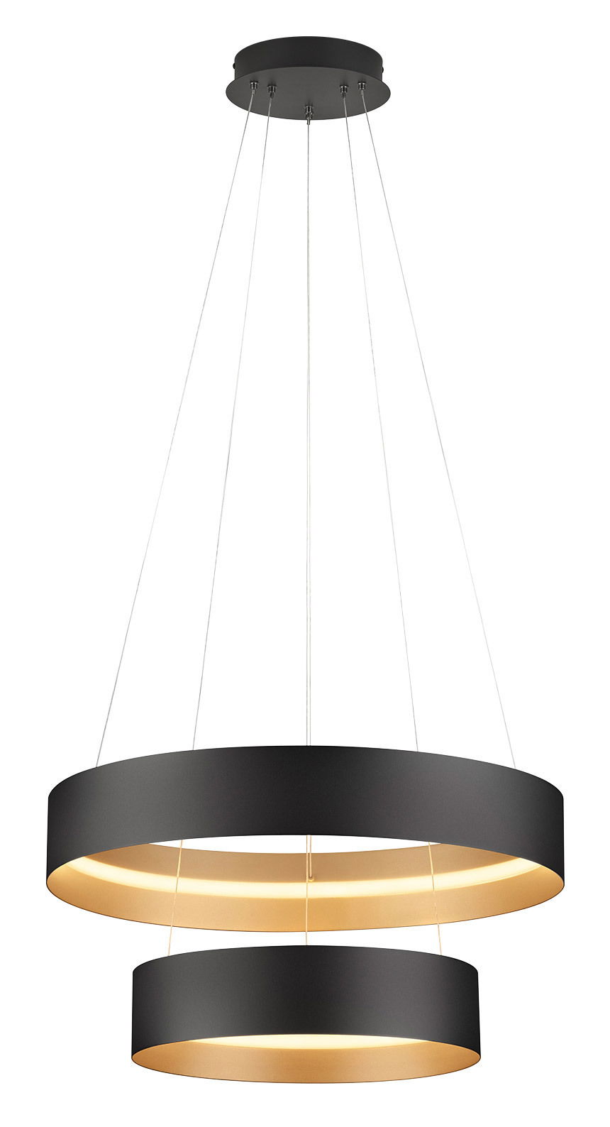 Moderne Pendelleuchte LOOP mit zwei übereinander angeordneten, schwarzen Ringen und warmweißer Beleuchtung, seitliche Perspektive.