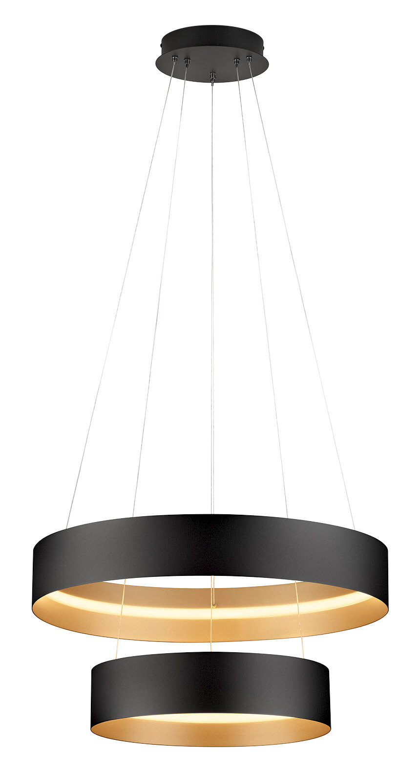 Moderne Pendelleuchte LOOP mit zwei übereinander angeordneten, schwarzen Ringen und warmweißer Beleuchtung, seitliche Perspektive.