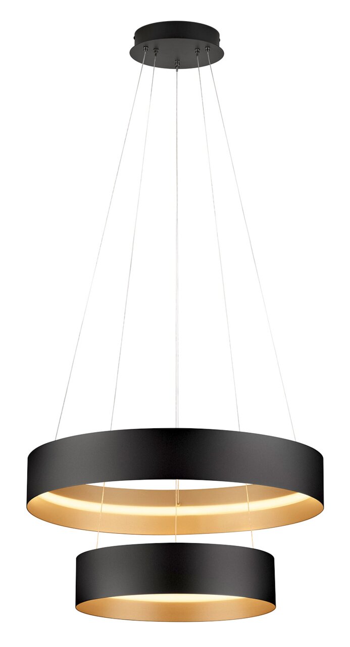 Moderne Pendelleuchte LOOP mit zwei übereinander angeordneten, schwarzen Ringen und warmweißer Beleuchtung, seitliche Perspektive.