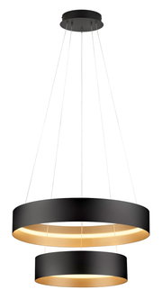 Moderne Pendelleuchte LOOP mit zwei übereinander angeordneten, schwarzen Ringen und warmweißer Beleuchtung, seitliche Perspektive.