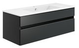 Moderne Badkombination mit schwarzem Unterschrank und weißem Waschbecken, seitliche Perspektive
