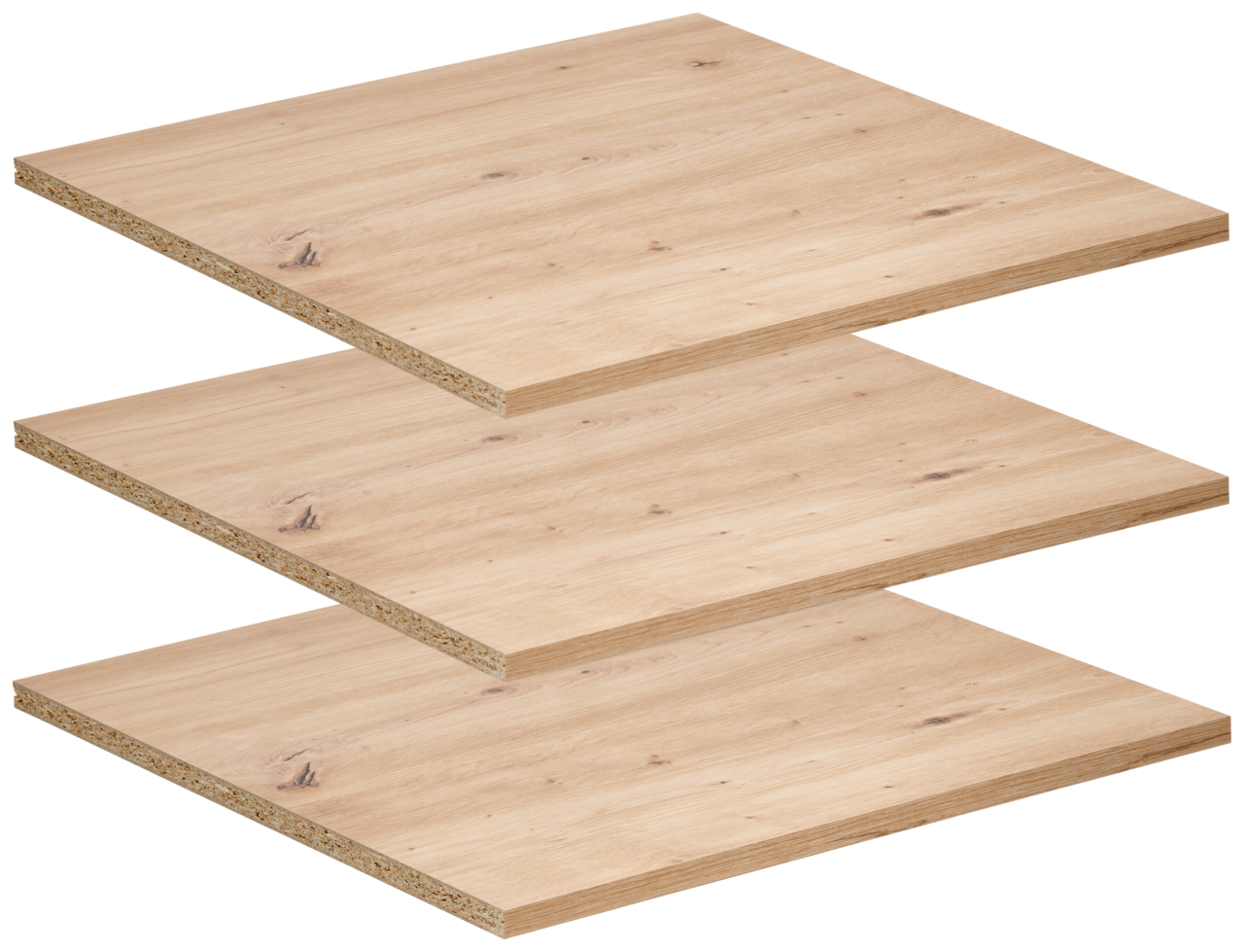 Dreier-Set von breiten Einlegeböden aus Holz in einer schrägen Perspektive gestapelt