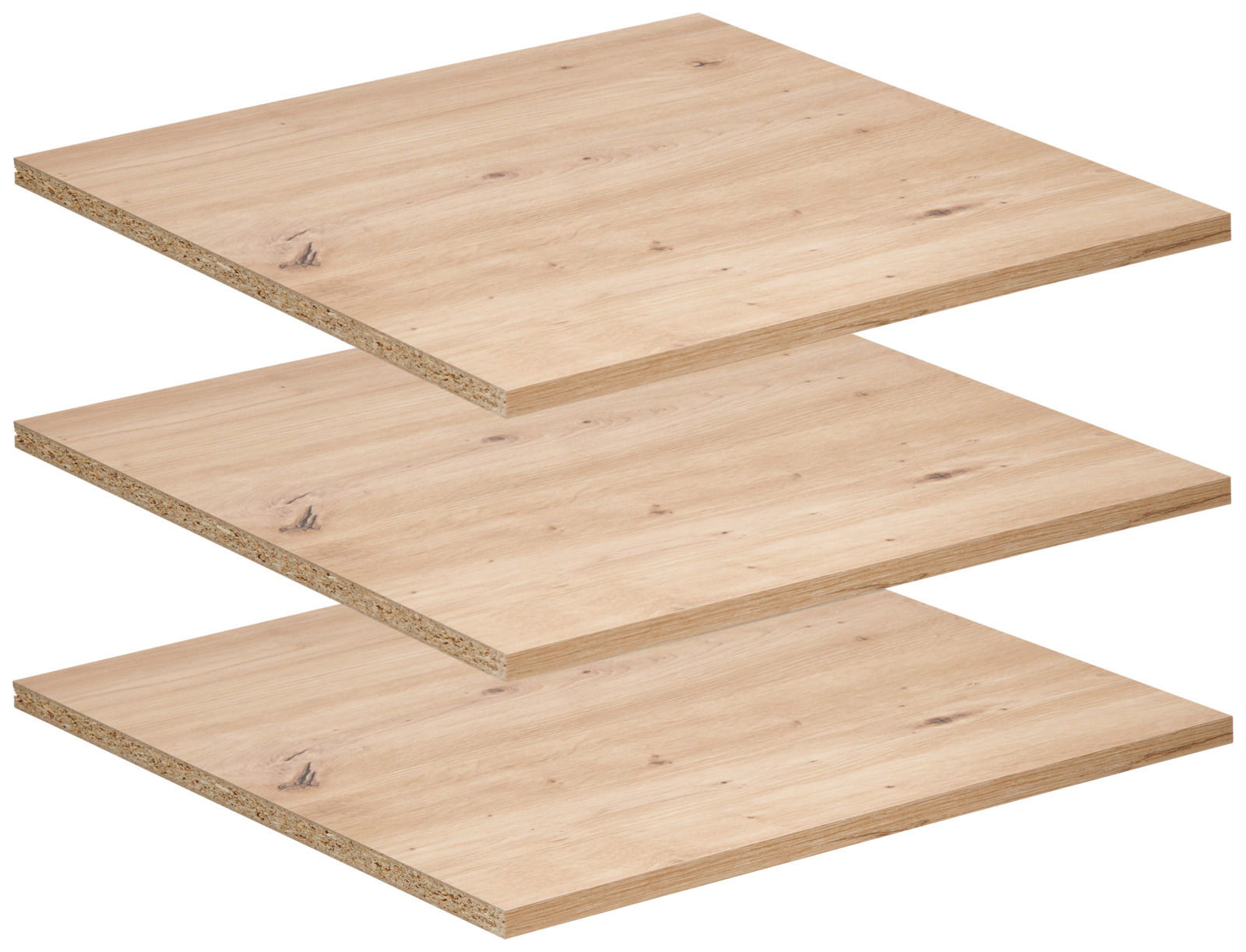 Dreier-Set von breiten Einlegeböden aus Holz in einer schrägen Perspektive gestapelt