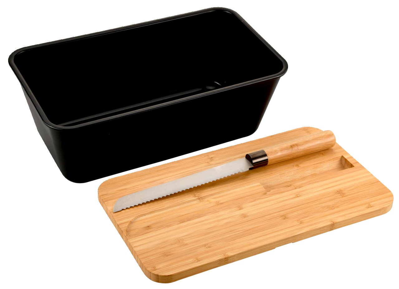 Schwarze Brotbox mit integriertem Messer und Bambusdeckel, aus der Vogelperspektive fotografiert.