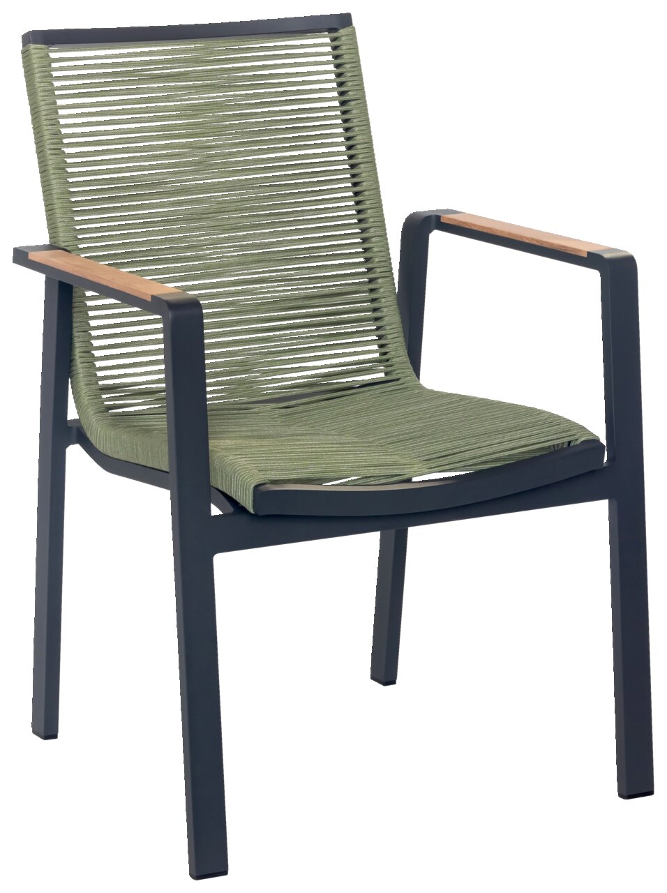 Moderner Stapelsessel mit grünem Seilgeflecht und schwarzen Metallrahmen, seitliche Perspektive