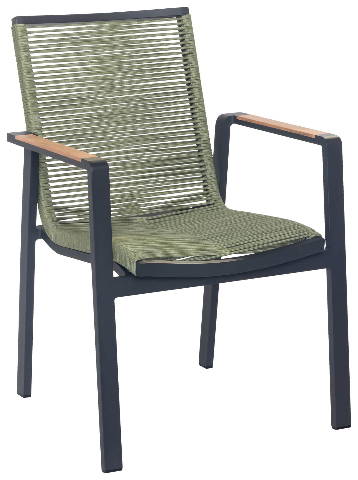 Moderner Stapelsessel mit grünem Seilgeflecht und schwarzen Metallrahmen, seitliche Perspektive