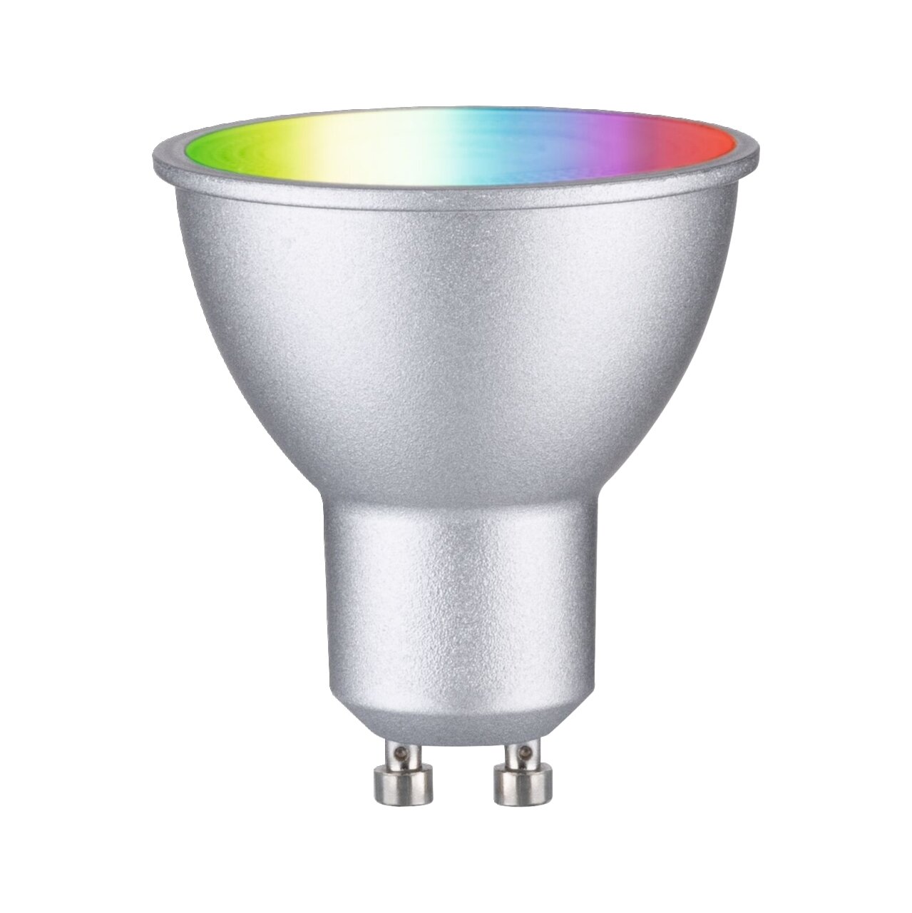 LED Leuchtmittel mit GU10-Sockel, silbernes Gehäuse, Ansicht von vorne