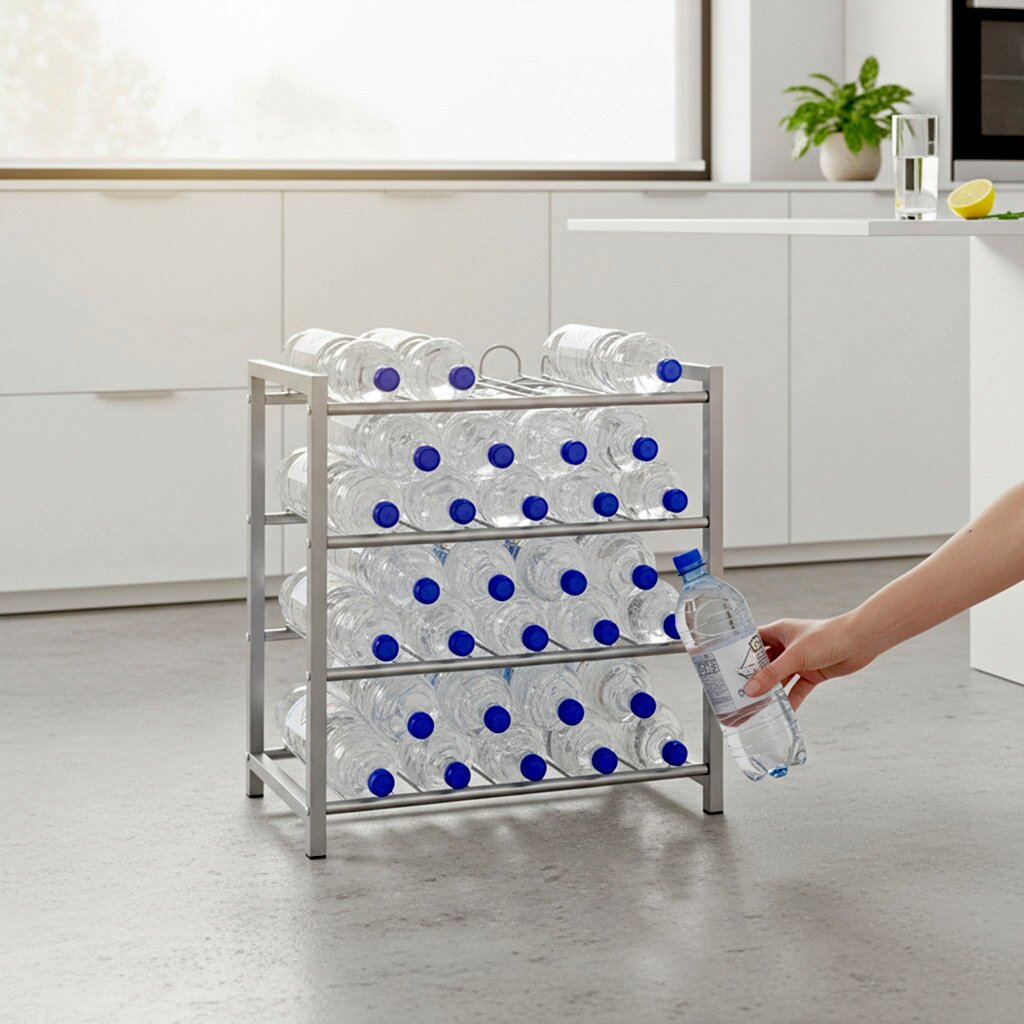 Silbernes Flaschenregal aus Metall mit mehreren Ebenen, gefüllt mit Wasserflaschen in einer modernen Küche; eine Hand nimmt vorne rechts eine Flasche heraus, Ansicht schräg von vorn auf Bodenhöhe.