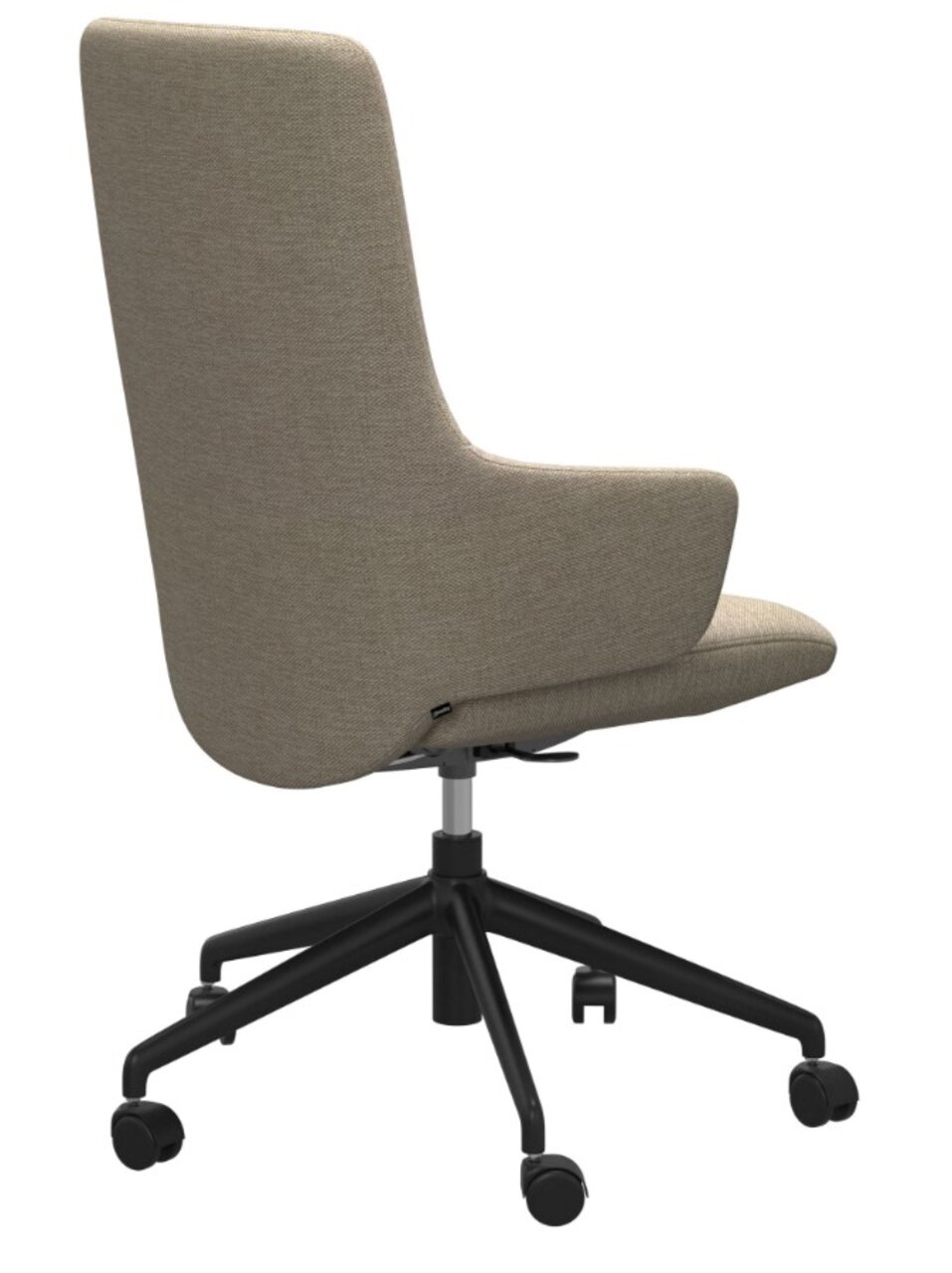 Achterkant van een moderne thuiskantoorfauteuil met stoffen bekleding en zwarte wieltjes.