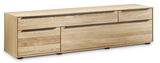 Großes TV-Lowboard aus hellem Holz mit zwei Schubladen und zwei Türen, Frontansicht.