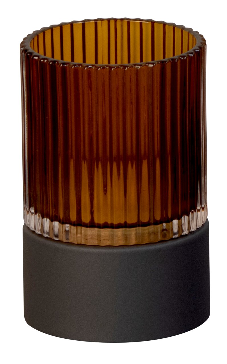 Fischer & Honsel Akku-Windlicht ARIVA PRO Braunes, geriffeltes Akku-Windlicht auf grauem Sockel, seitliche Perspektive