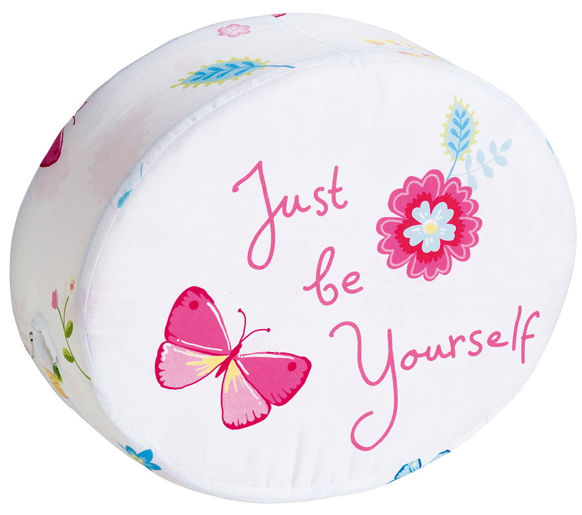 Rundes Steckkissen mit der Aufschrift 'Just be Yourself', verziert mit einem pinken Schmetterling und Blumenmotiven, seitliche Perspektive.