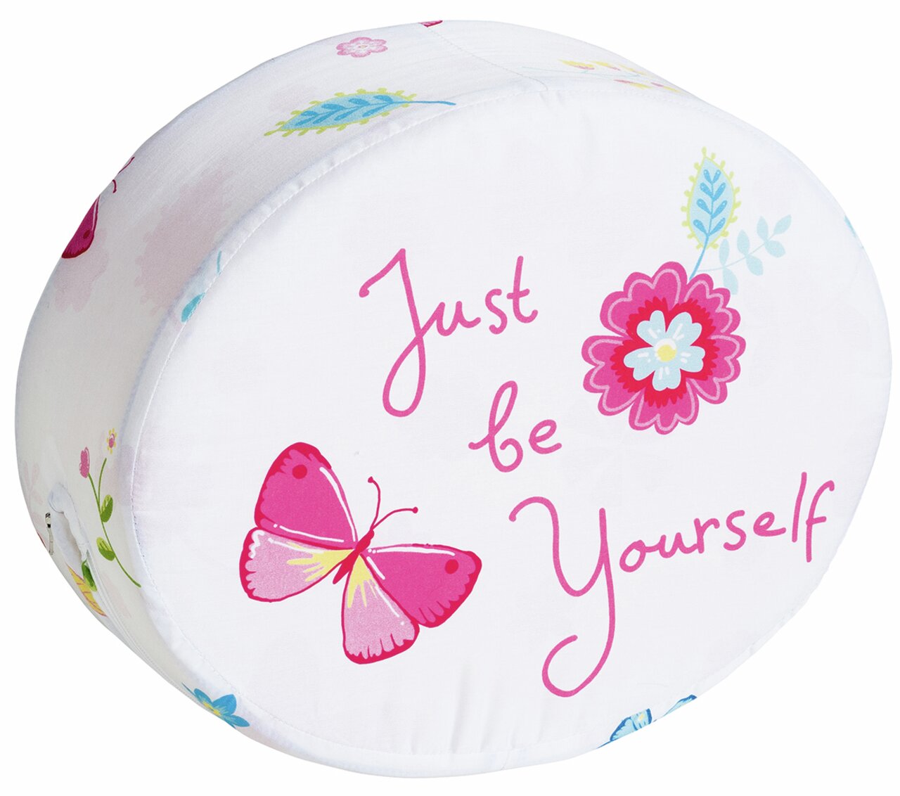 Rond kussen met de tekst 'Just be Yourself', versierd met een roze vlinder en bloemmotieven, gezien vanaf de zijkant.