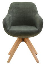 Grüner Armlehnstuhl mit Holzbeinen, Vorderansicht