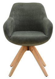 Grüner Armlehnstuhl mit Holzbeinen, Vorderansicht