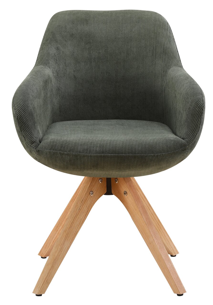 Grüner Armlehnstuhl mit Holzbeinen, Vorderansicht