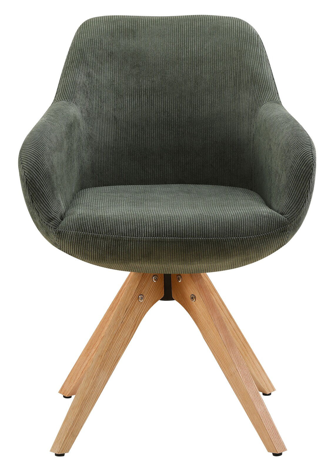 Grüner Armlehnstuhl mit Holzbeinen, Vorderansicht