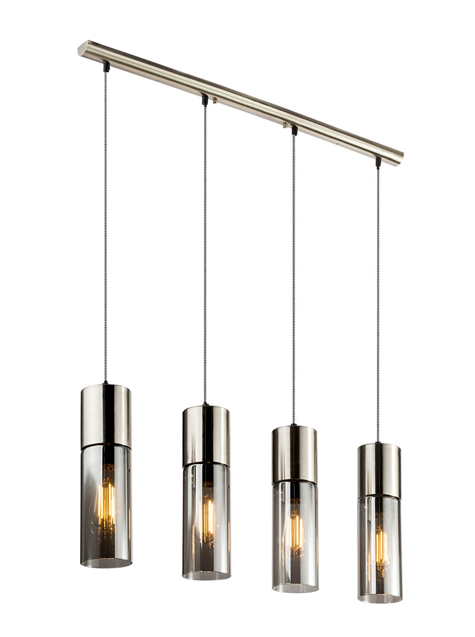 Globo Lighting Hängeleuchte ANNIKA Moderne Hängeleuchte mit vier zylindrischen Lampenschirmen aus Glas und Metall, seitliche Perspektive
