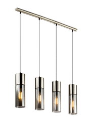 Moderne Hängeleuchte mit vier zylindrischen Lampenschirmen aus Glas und Metall, seitliche Perspektive