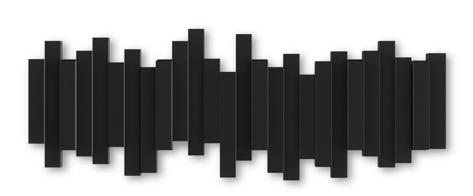 Moderne Wandgarderobe in Schwarz mit geometrischem Design, frontal betrachtet.