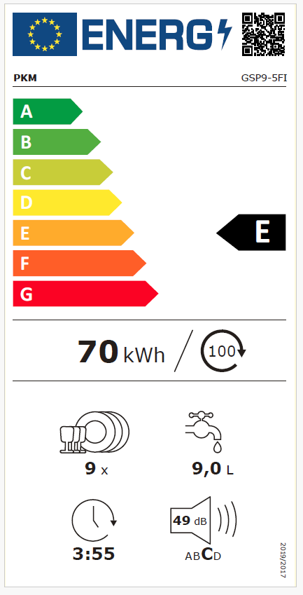 EU-Energielabel für Geschirrspüler PKM GSP9-5FI, Effizienzklasse E, 70 kWh/100 Zyklen, 9 Maßgedecke, 9,0 L Wasser, Programmdauer 3:55, Geräusch 49 dB (Klasse C), frontale Ansicht.