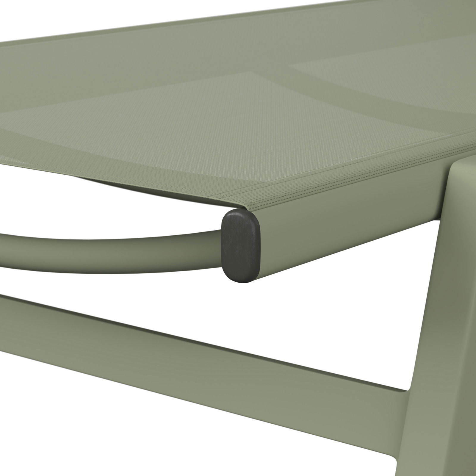 Nahaufnahme einer grünen Sonnenliege mit modernem Design, seitliche Perspektive