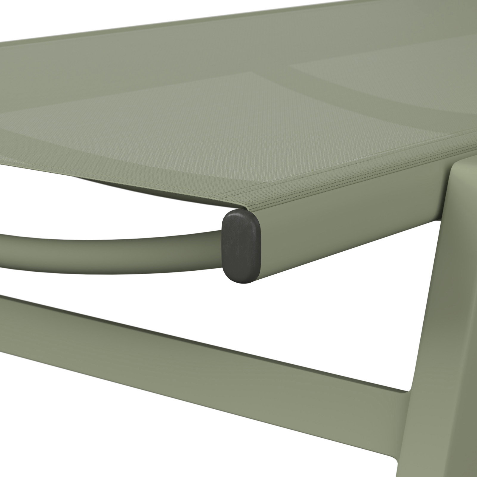 Nahaufnahme einer grünen Sonnenliege mit modernem Design, seitliche Perspektive