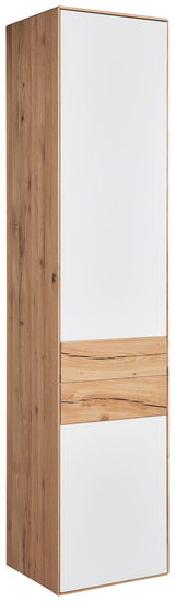 Stauraumelement aus Holz mit weißen Fronten, seitliche Perspektive