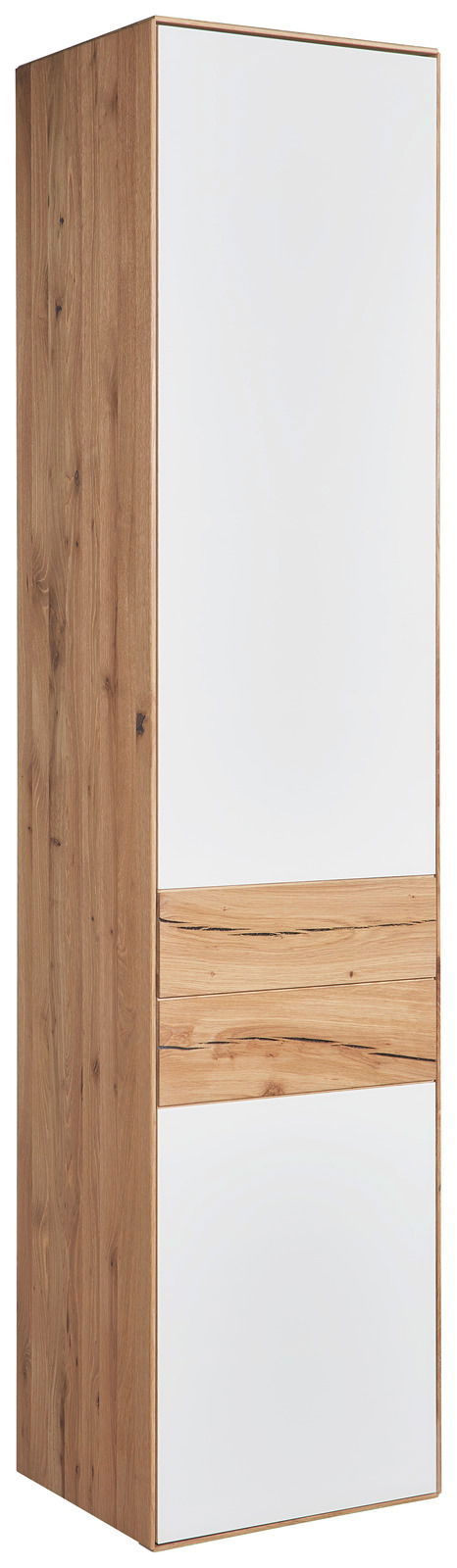 Stauraumelement aus Holz mit weißen Fronten, seitliche Perspektive