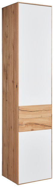 Stauraumelement aus Holz mit weißen Fronten, seitliche Perspektive