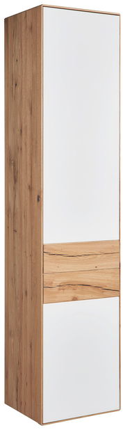 Stauraumelement aus Holz mit weißen Fronten, seitliche Perspektive