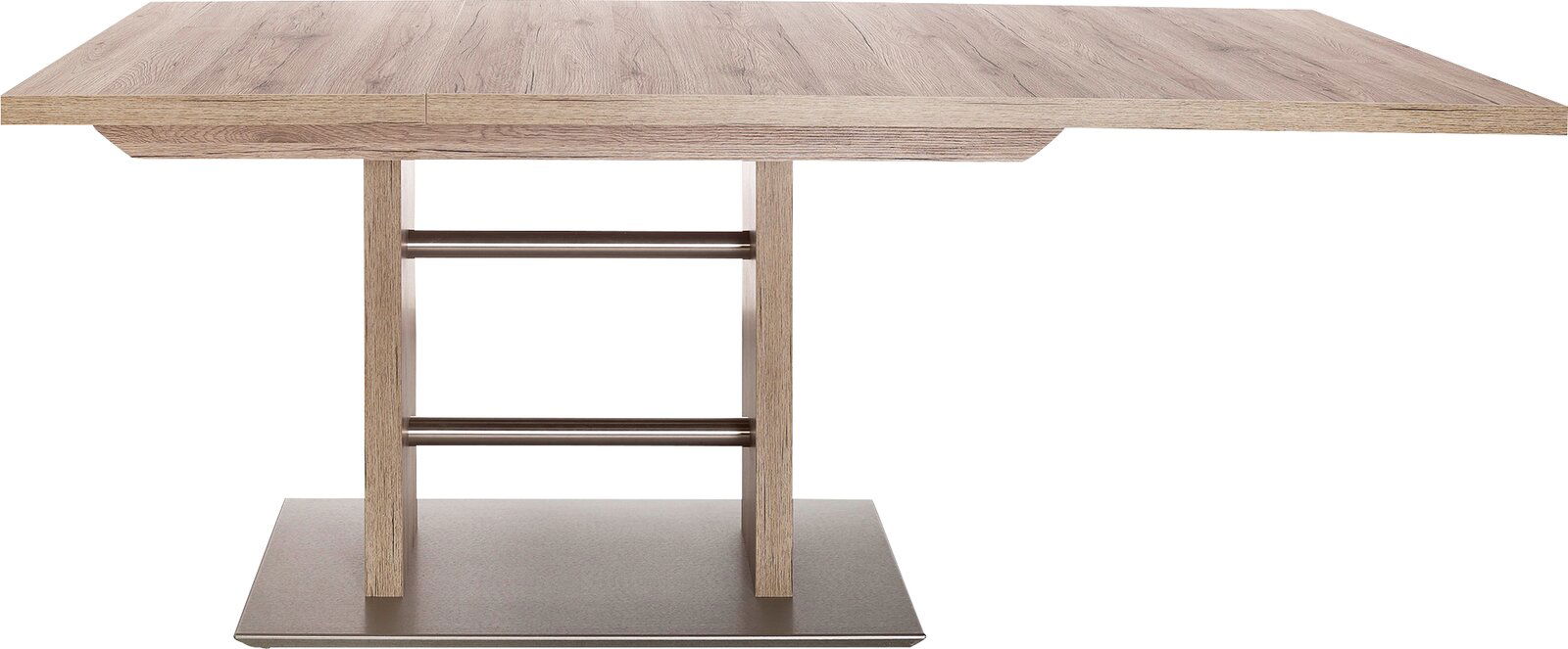 Moderner Esstisch mit Holzoptik und Metallakzenten, seitliche Perspektive