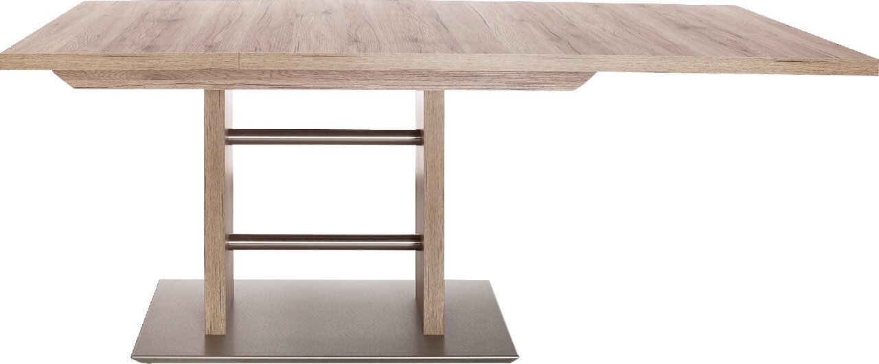 Moderner Esstisch mit Holzoptik und Metallakzenten, seitliche Perspektive