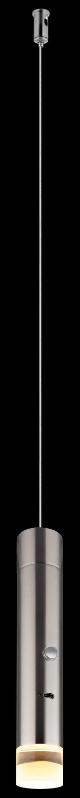 Moderne Akku-Pendelleuchte in zylindrischer Form aus Metall, seitliche Perspektive