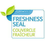 Logo mit der Aufschrift 'Freshness Seal' und 'Couvercle Fraîcheur', mit einem grünen Blatt und blauen Wassertropfen, aus der Vorderansicht.