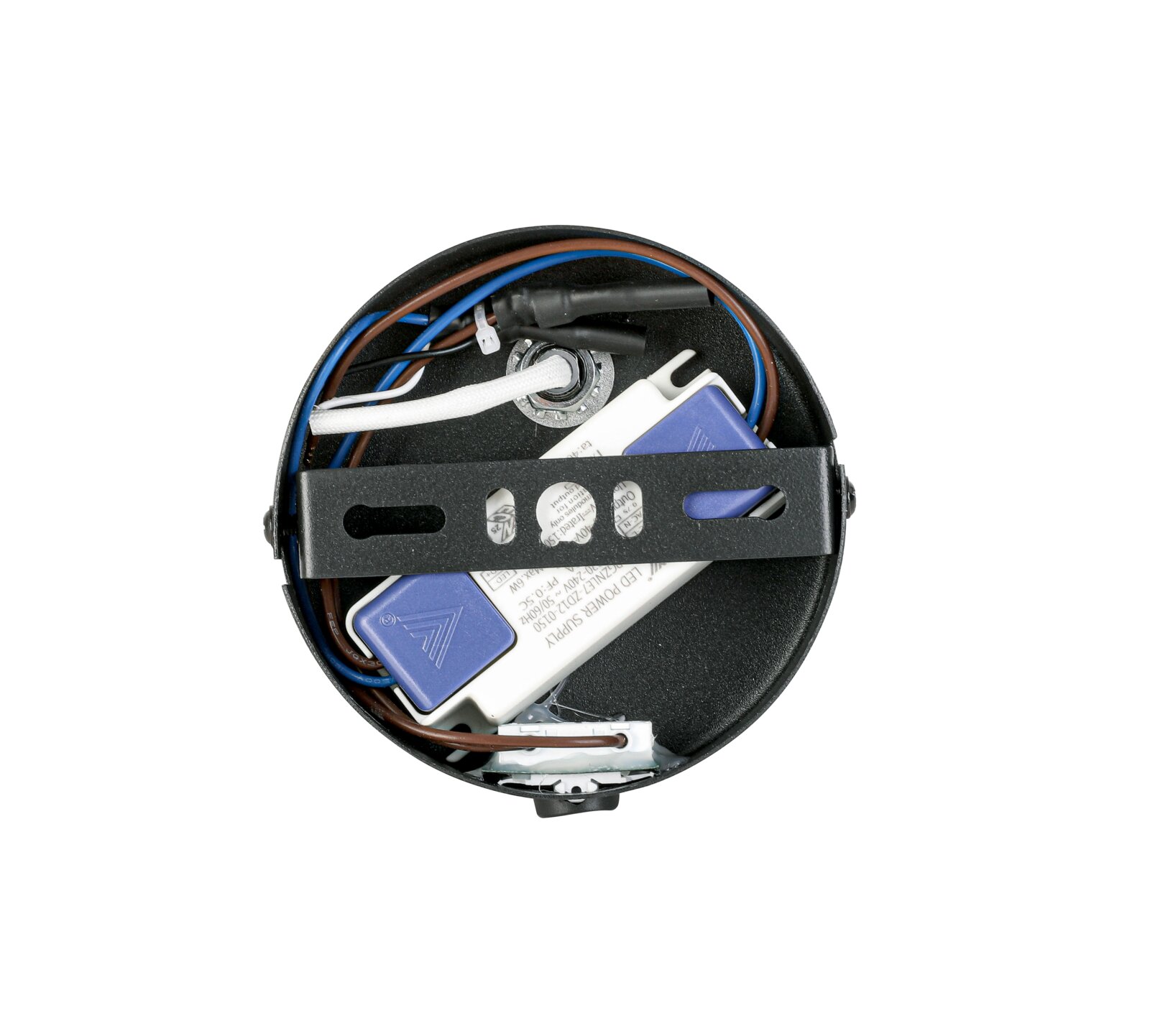 Achterkant van een led-spot met zichtbare bedrading en led-driver in een ronde behuizing.