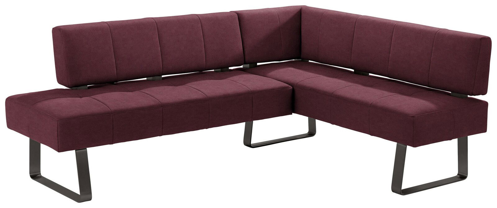 Eckbank in dunkelrotem Stoffbezug mit modernem Design, seitliche Perspektive
