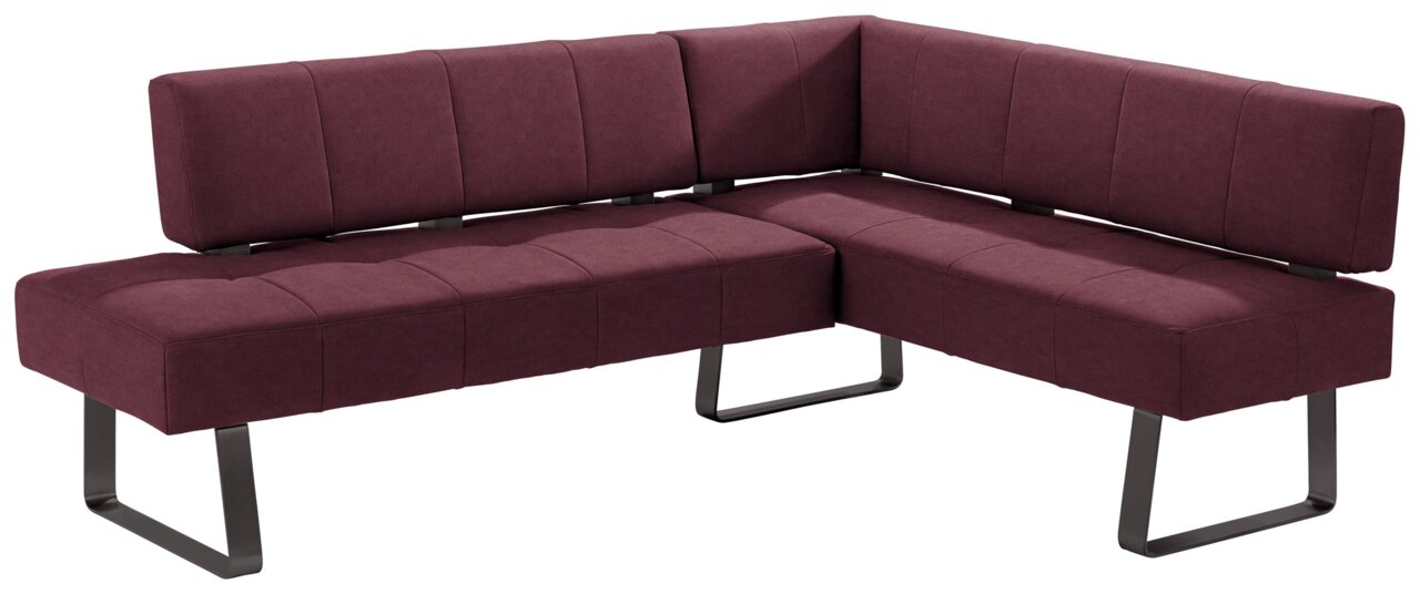 Eckbank in dunkelrotem Stoffbezug mit modernem Design, seitliche Perspektive