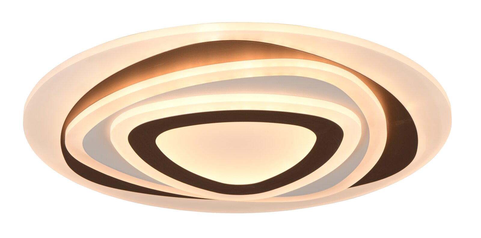 Moderne LED-Deckenleuchte in ovaler Form mit mehrstufigen, geschwungenen Lichtbändern und warmweißem Licht, schräg von unten in Frontansicht auf weißem Hintergrund