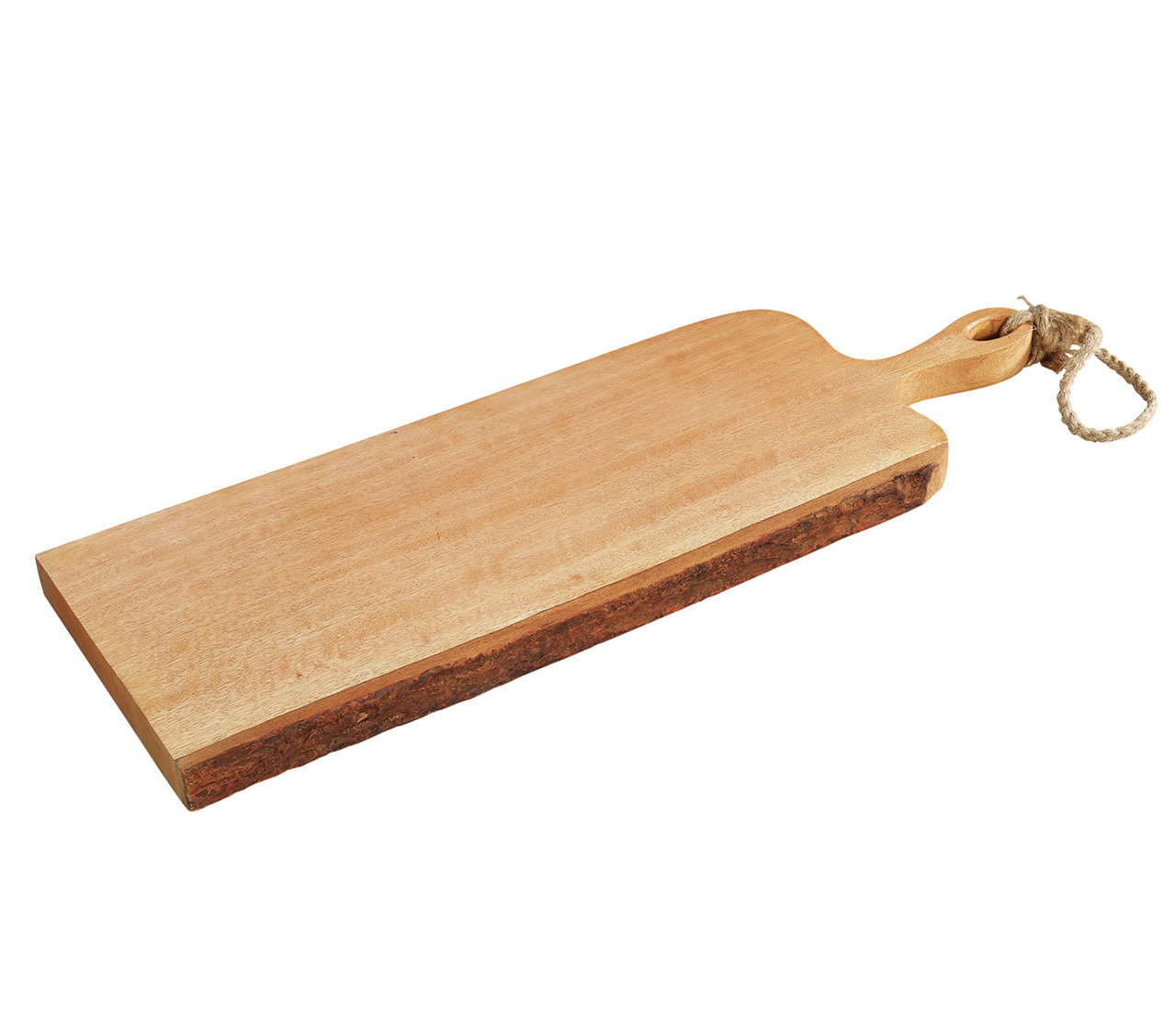 Servierbrett aus Mangoholz mit Griff und Kordel, seitliche Perspektive