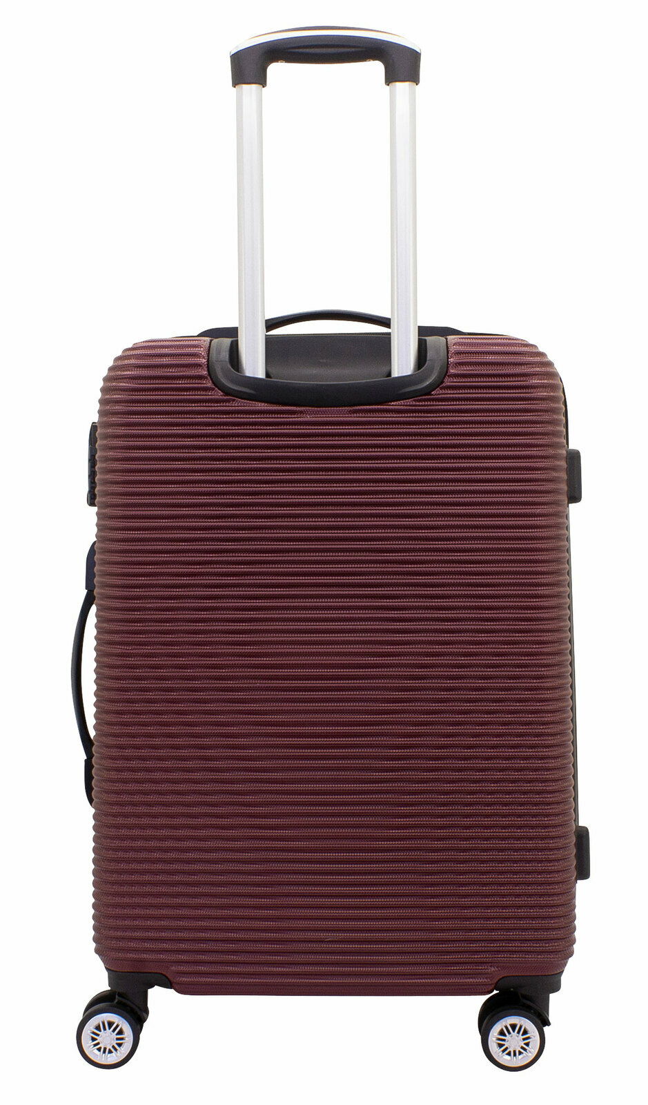 Burgunderfarbener Trolley mit ausziehbarem Griff und vier Rollen, Rückansicht